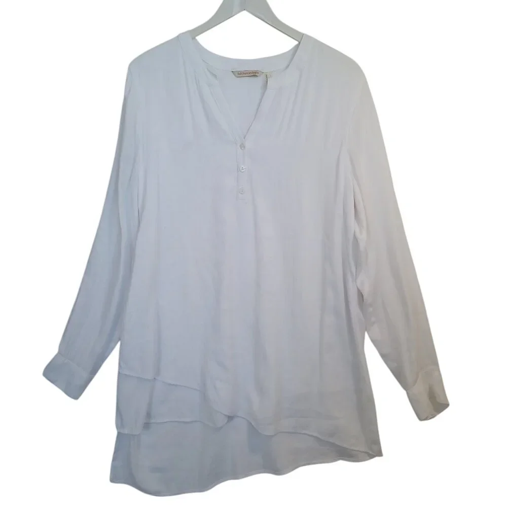 Soft Surroundings White Layered Hem Henley Tunic Blouse Long Sleeve Womens Large
